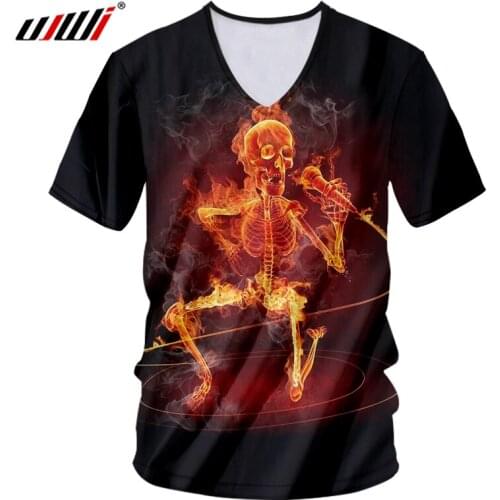 UJWI Man 3D Printed Novel Singing Skulls T-shirt Hipster V Neck Tshirt Street Style High Quality Mens Polyester Tee Shirt