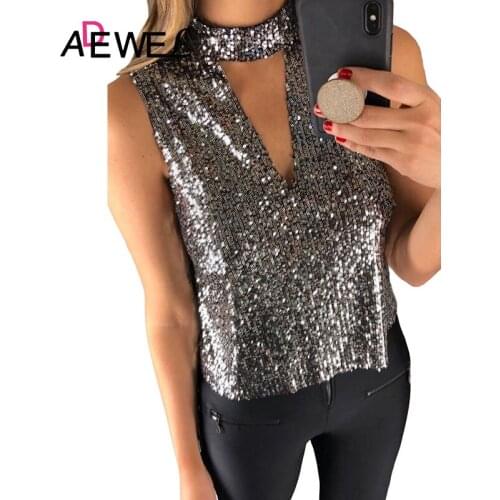 ADEWEL Deep V Cut Hollow Out Choker Neck Sequin Women T Shirt Poleras Mujer De Moda 2019 Camisas Mujer Plus Size Clothes 2XL