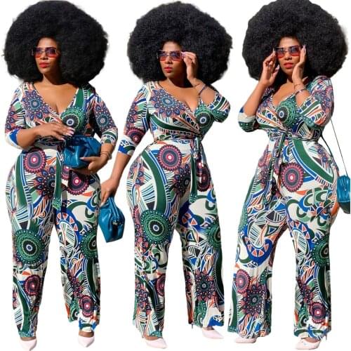 Zoctuo Printing V Neck Jumpsuit For Women Plus Size L-4XL One Piece Overall Outfit Full Sleeve Rompers And Jumpsuits Sexy Casual