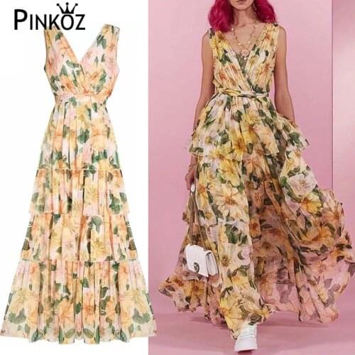 Pinkoz runway designer maxi dress for women flower printed v-neck sexy casual backless yellow sleeveless dresses vestidos Paris