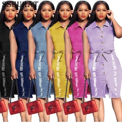 SSEURAT Solid Color Sleeveless Turn-Down Collar Hollow Out High Waist Button Women Dress Summer Fashion Casual Clothes 2021