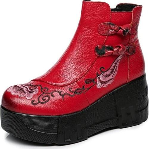 ZXRYXGS Classic embroidery fashion boots top cowhide leather boots Platform Heighten shoes wedges high heeled boots women boots