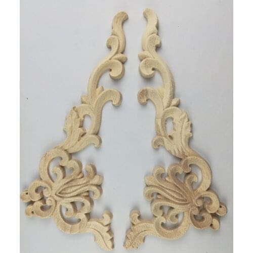 4PCS Vintage Oak Wood Flower Carved Decal Corner Applique Decorate Frame Wooden Figurines Cabinet Decorative Crafts 20x10CM