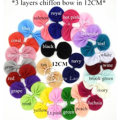 50pcs / lot Newest 3 layers of chiffon fabric Bow in 12CM , 25 colors cute soft bowknot DIY Decoration