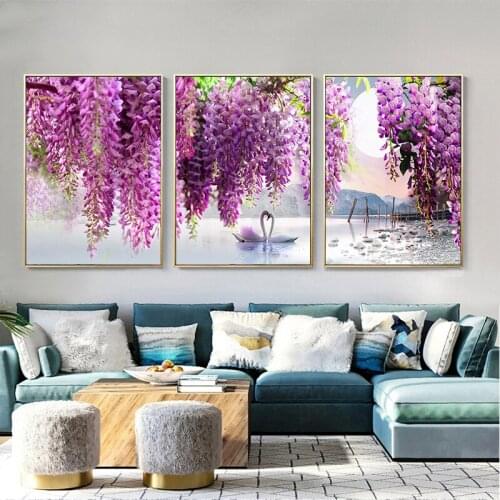 Purple Flower Tree Swan Lake Abstract Canvas Painting Home Art Posters Bedroom Corridor Stickers Nordic Decoration