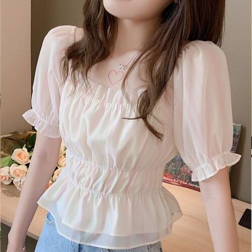 Blusas Mujer De Moda 2021 Retro Square Collar Chiffon Top Female Bubble Sleeves Short Womens Tops and Blouses Pink Shirts 1053