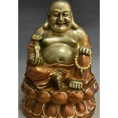 9" Old Bronze Ruyi Wishful Seat Lotus Happy Laugh Maitreya Buddha Beads Statue