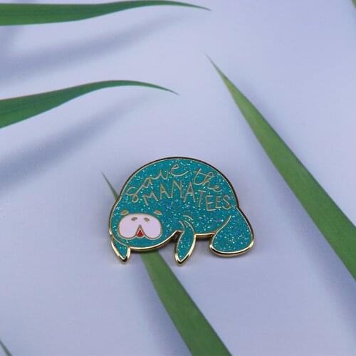 Save the manatees glitter enamel pin endangered species manatee brooches
