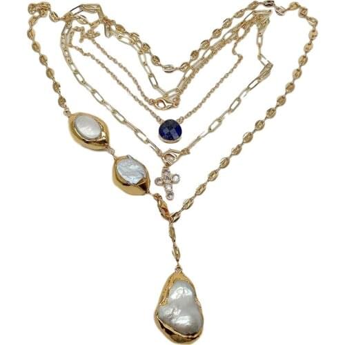 YYGEM Cultured White Keshi Pearl Lapis CZ Crucifix Charm Chain statement Necklace 17" -26" for women