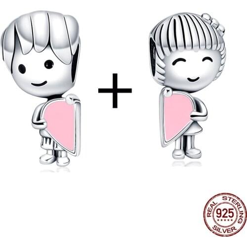 Qikaola 925 Sterling Silver Boy Girl Dog Cat Charm Beads fit Original Pandora Bracelet & Bangles DIY Jewelry Making C708