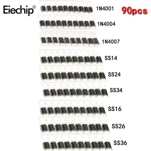 90pcs schottky diode SMA 1N4001 1N4004 1N4007 SS14 SS24 SS34 SS16 SS26 SS36 SMD circuit board IC assort kit