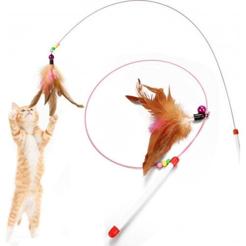 Cat Interactive Toy Stick Feather Wand with Small Bell Five Replacement Heads Toys Artificial Colorful Cat Teaser Toy Supplies