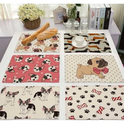 Pug Dog Pattern Cotton Linen Pad Dining Table Mats Coaster Bowl Cup Mat Pattern Kitchen Placemat 42*32cm Home Decor ML0020
