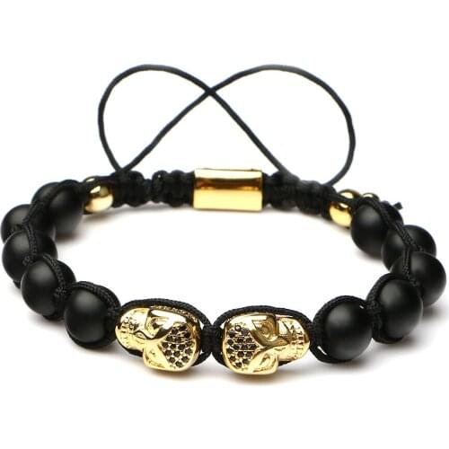 Mestylish Personalized Punk Style Braid Micro Inlay Double Skull Woven Natural Stone Beaded Bracelet For Men’s Gift