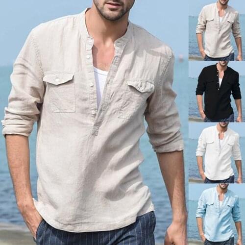Shirt Mens Baggy Cotton Linen Pocket Solid Long Sleeve Retro Shirts Tops Blouse Camisa Hombre Manga Corta Men Dress Shirt