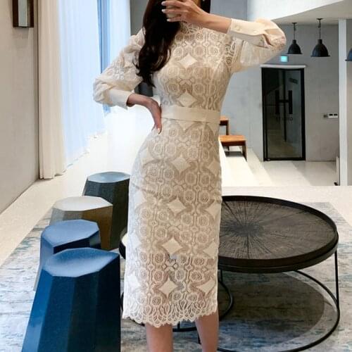New womens slim bag hip slit high neck lantern sleeve hollow lace dress autumn dresses for women bodycon dress for women