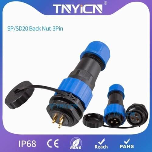 Waterproof Cable Connector IP68 SP/SD20 Back Nut-3 Pin Wire Connectors Panel Mount power Connector Plug&Socket Male&Female Jack