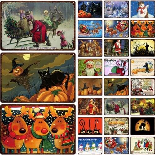 Christmas Halloween Metal Tin Sign Retro Shabby Chic Pumpkin Santa Claus Elk Plaque Holiday Anti-fading Wall Decoration