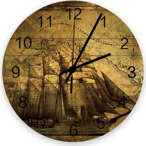 Vintage Sailing Ship Nautical Map 30cm Wooden Wall Clock Modern Design For Home Living Room Office Kitchen Wall Decor Hanging