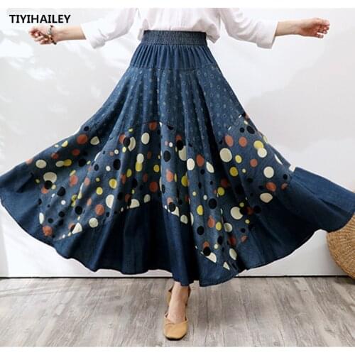 TIYIHAILEY Free Shipping 2020 Long Maxi A-line Skirt Women Elastic Waist Spring And Summer Denim Jeans Vintage Dot Big Hem Skirt