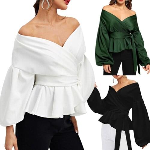Women Sexy Long Puff Sleeve V Neck Bowknot Waist Bandage Tight Blouse