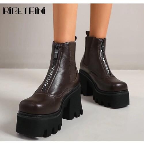 RIBETRINI Female Platform Solid Brand Shoes Fashion Punk Block Heel Winter Ankle Women Boots Designer Round Toe Boots