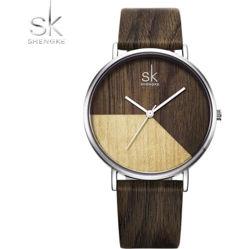 Shengke Brand 0079 Women Watches Wooden Design Leather Strap Fashion Irregular Clock Vintage Ladies Quartz Watch bayan kol saati