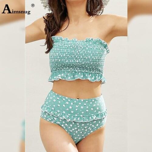 High Cut Women Bikini Set Spaghetti Strap Two Pieces Swimwear Boho Flower Swimsuit Ruffles 2PCS Outfits Sexy Femme Clothing 2021