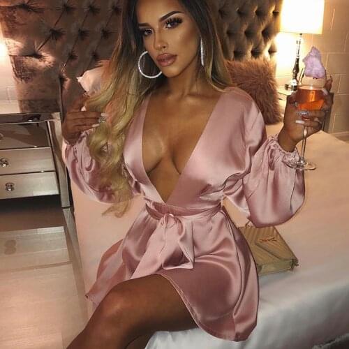 Summer Satin Dress Women Deep V-neck Long Lantern Sleeve Belt Bow Mini Dress Back Hollow Out Sexy Party Dresses 2021 New