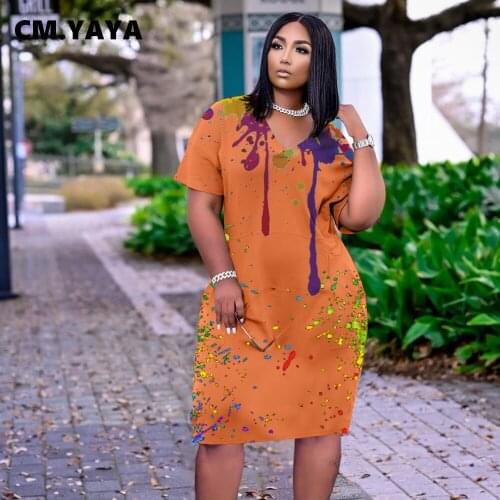 CM.YAYA Women Dress Print Short Sleeve V-neck Loose Straight Knee-length Dresses with Pockets Casual High Street Outfits Summer