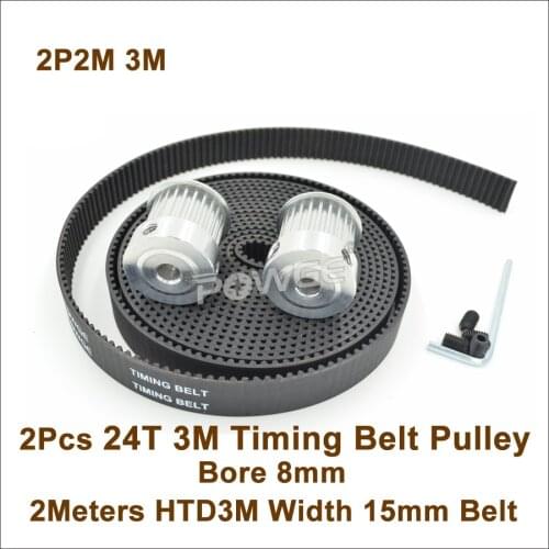 POWGE 2pcs 24 Teeth 3M Timing Pulley Bore 8mm + 2meters HTD3M Belt W=15mm 24T 24Teh 3M Timing Belt Pulley Sets CNC Engraving