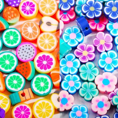 50Pcs/Lot Flower/Fruit Shape Soft Polymer Clay Beads 10MM Costume Jewelry Design Decorated With Loose Beads
