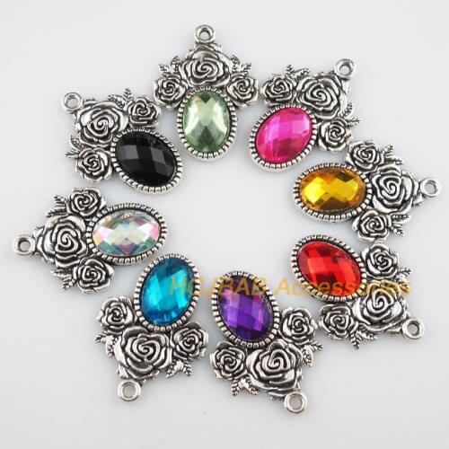 8 New Flower Rose Charms Tibetan Silver Tone Acrylic Mixed Pendants 23x32mm