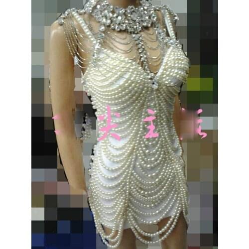 Bar ocean party gogo pearls stage costume Sparkly Full diamond shoulder decoration hollow pearl dress