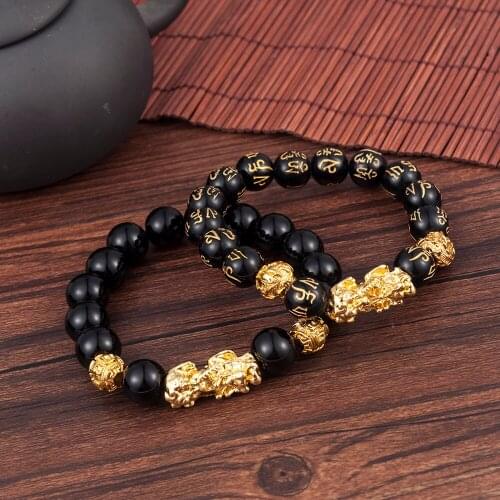 12mm Black and Gold Onyx Bead Alloy Wealth Bracelet Buddhism Religious Yoga Charms Pendant Jewelry Men Bracelets Gift