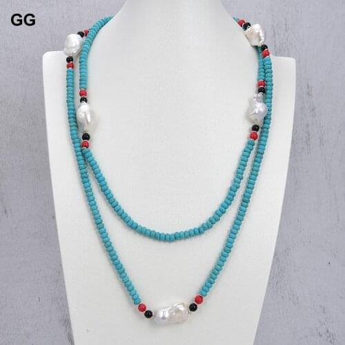 GuaiGuai Jewelry 50" 22MM Keshi Pearl Turquoise Onyx Coral Necklace