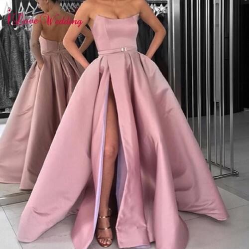 ILoveWedding Simple Design Strapless Dusty Pink High Slit Floor Length Ball Gown Long Dresses Evening