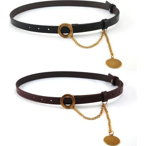 Ring Round Thin Dress Belt Genuine Pigskin Leather Women Waist Belt White Brown Black Belt Female Waistband