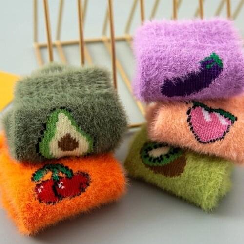 Cute Fruit Socks Imitation Mink Velvet Socks Winter Thicken Warm Women Socks Sleepwear Home Female Socks Sleep Floor Bedroom Sox