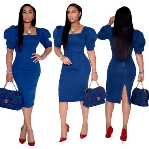 2020 new fashion ladies sexy tight dress autumn lantern sleeve denim slim dress elegant ladies casual pencil skirt