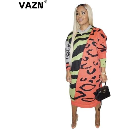 VAZN New Striped Print Ladies Slim Elegant Night Club Sexy Slim Young Dress 2020 Full Sleeve Loose Dress