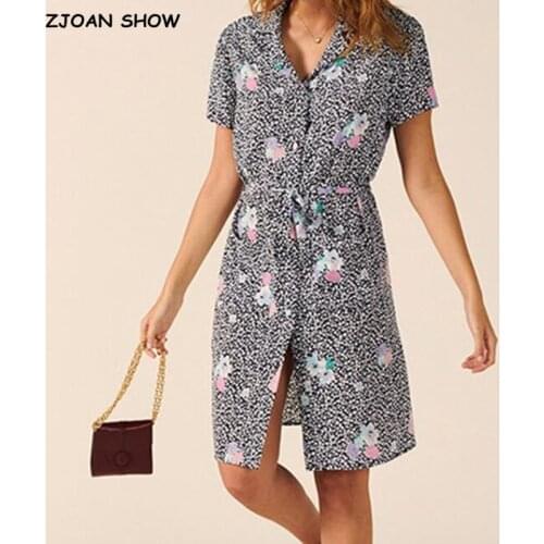 French style Women Floral Print Shirt Dress Office Ladies Tie Bow Sashes Single-breasted Buttons Lapel Retro Summer Dresses