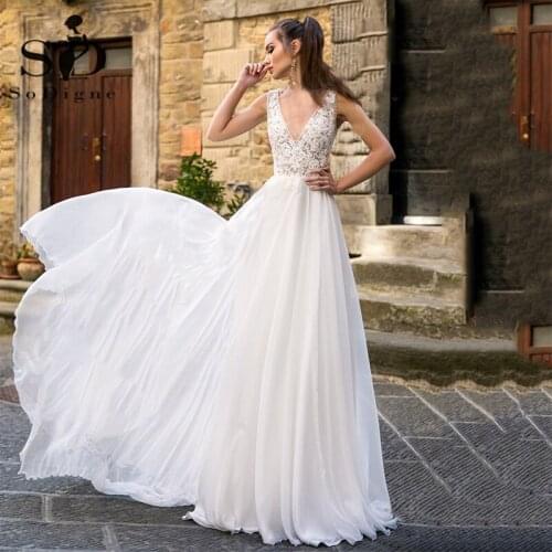 SoDigne Boho Wedding Dresses A Line V Neck Tulle Appliqued Lace Beach Wedding Dress Sleeveless Bohemian Bridal Gowns