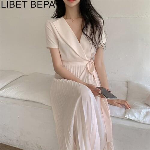 2021 New Womens Summer Dresses Casual High Waist Korean Style Lace Up Elegant Draped Pleated Fashionable Lady Long Dress DR2113