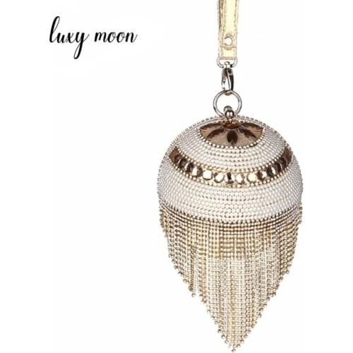 Luxury diamond tassel evening Bag pearls day clutch Ladies full dress party purse chain handbags gold silver evening clutch