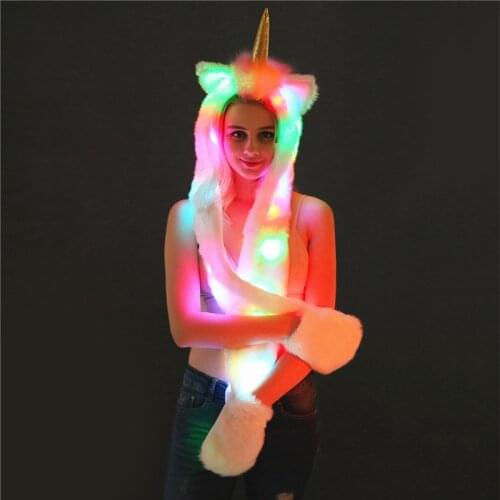 Cute Light Up LED Faux Fur Unicorn Plush Hat for Women Kawaii Girls Rave Party Faux Fur Unicorn Cosplay LED Hats Plus Size