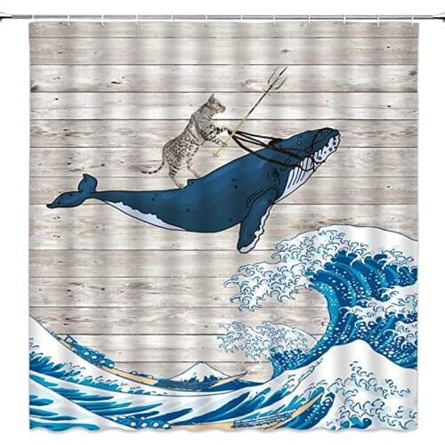 Funny Cat Shower Curtain, Cat Riding Whale in Ocean Great Wave Vintage Wooden Creative Kanagawa Japanese Art Fabric Bathroom Dec