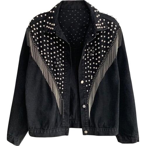 PERHAPS U Womens Denim Blue Black Gray Jacket Button Long Sleeves Jean Turn Down Collar Pocket Rivet Tassel C0505