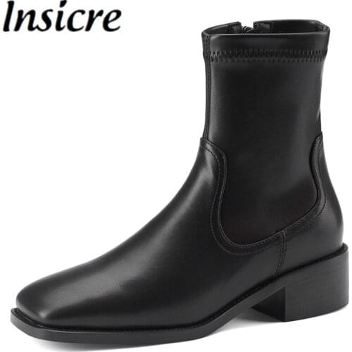 Insicre Pu Leather Square Toe Waxing 2021 Winter Women Ankle Boots Big Size 43 Thick Low Heels 4 Cm Brown Patchwork