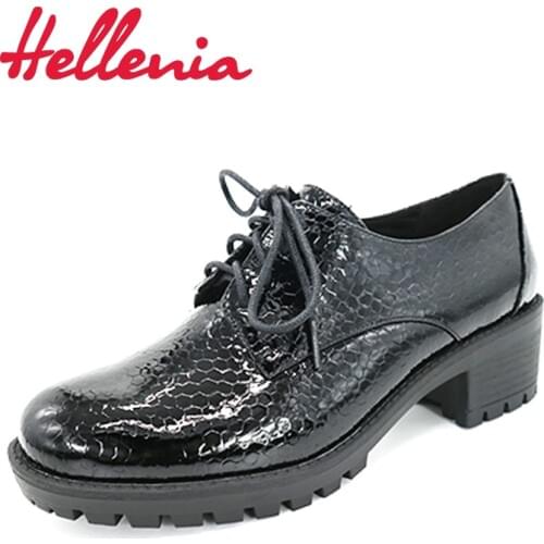 Hellenia Shoe Round Toe Snake Patent lace up Thick lower Heel Women Pump lady office Girls Dress womens PU leather shoes